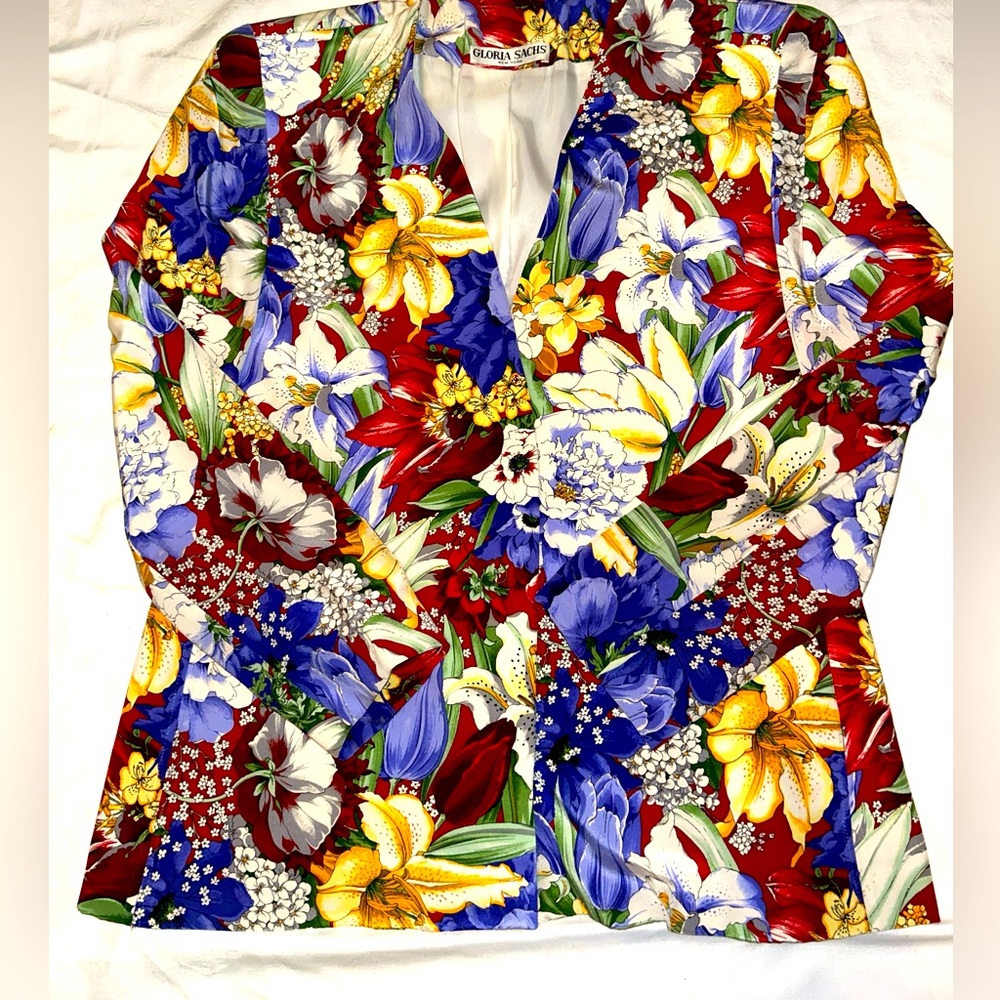 Gloria Sachs New York Blazer Womens 10 (8) Tailored Floral 100% Silk Union Made